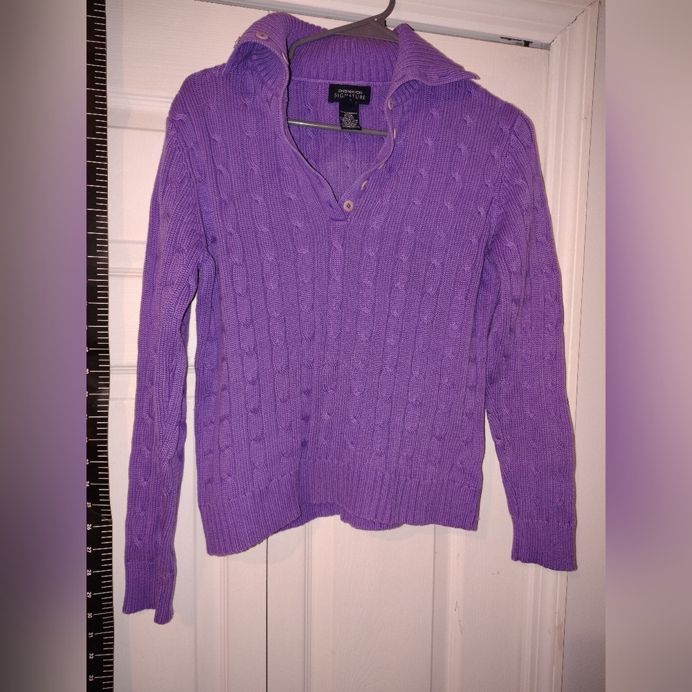 Purple Cable Knit Sweater Ladies Medium V Neck Knit Cable Sweater